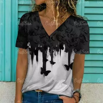 2024 летние женские топы, модная футболка с коротким рукавом и 3d принтом бабочки, красивая футболка, уличная одежда, свободная повседневная женская одежда с градиентом 2XL