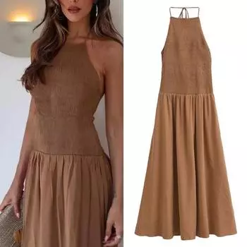 2024 летние женские трапециевидные платья миди с воротником на шее, сексуальное однотонное платье миди с открытой спиной и без рукавов, модное уличное платье