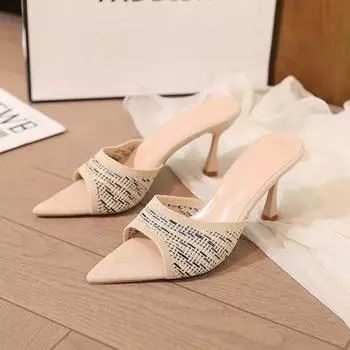 2024 летние женские туфли на высоком каблуке с открытым носком, модные цветные тапочки Buty Damskie, элегантные пляжные тапочки с острым носком 35 чёрный