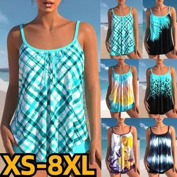 2024 летние женские винтажные купальники с принтом, свободные танкини с высокой талией, трендовые монокини, комплект из двух предметов, купальный костюм, сексуальный купальник S чёрный