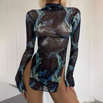 2024 Летний эротический комплект женского нижнего белья, модный комплект из двух предметов: платье с высоким воротом и длинными рукавами в сеточку с узором тай-дай и разрезом по бокам и стринги M