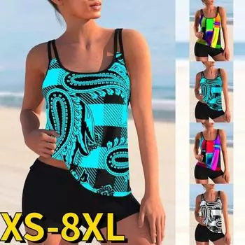 2024 летний банный костюм с высокой талией, женский новый дизайн, комплект бикини с принтом, Монокини без рукавов, трендовый комплект из двух предметов, купальный костюм танкини S синий