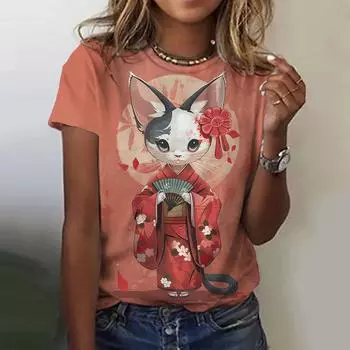 2024 Летний дизайн аниме 3D мультфильм узор женская футболка модный и повседневный свободный круглый вырез короткий рукав топ S