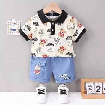 2024 летний комплект детской одежды, футболка-поло с короткими рукавами и принтом медведя для мальчиков, топы + шорты, спортивный костюм из 2 предметов 80cm бежевый