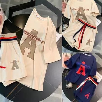 2024 летний комплект женской одежды, футболка с коротким рукавом + шорты, комплект из 2 предметов, женский повседневный свободный спортивный костюм с буквенным принтом, модные наряды S синий