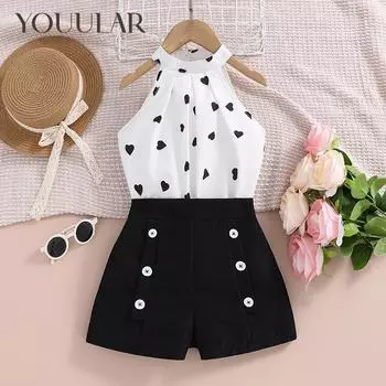 2024 летний новый топ с бретелькой на бретельках с принтом + шорты, костюм из 2 предметов для девочек, детская одежда 8Y оранжевый