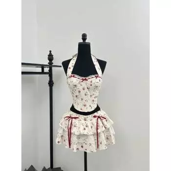 2024 Летний пляжный сказочный отпуск 2000-х годов, наряды для женщин, элегантный комплект из 2 предметов, топы Gyaru Coquette Lace Halter + мини-юбка Y2k S розовый