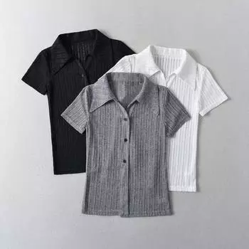 2024 Летний приталенный кардиган с воротником поло и короткими рукавами в рубчик для женщин - европейский и американский стиль горячей девушки Small серый