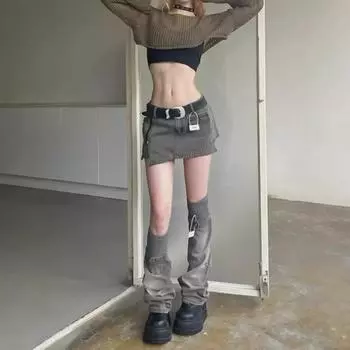 2024 Летний женский комплект из полосатой джинсовой юбки в стиле пэчворк XL