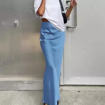 2024 летняя атласная юбка из искусственного шелка, женская юбка с запахом и высокой талией, однотонные винтажные юбки, женская повседневная элегантная юбка-русалка, женская одежда 24132 S чёрный