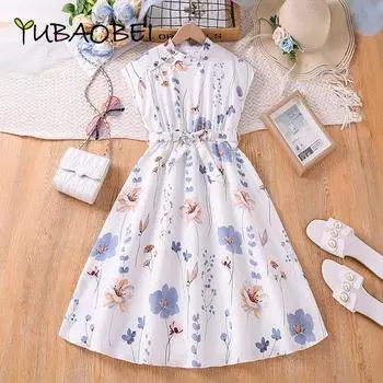 2024 летняя детская одежда, длинные платья для девочек-подростков, белые повседневные платья без рукавов с принтом, удобная тканевая одежда 9Y белый