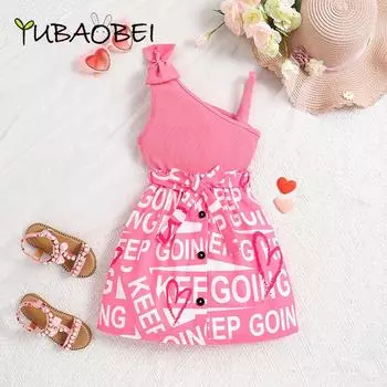 2024 летняя детская одежда для девочек, модные комплекты с принтом, топы и юбки без рукавов с бантом для девочек, костюмы для детей