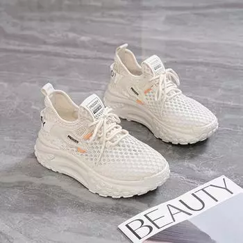 2024 Летняя дышащая сетчатая повседневная обувь Модная женская танкетка на платформе Удобная мягкая подошва Спортивная белая обувь Zapatillas Mujer 35 бежевый