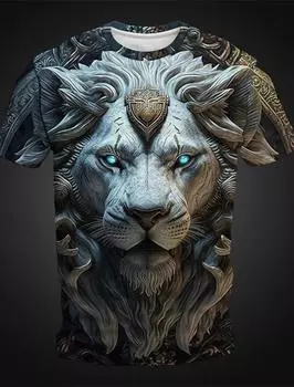 2024 Летняя футболка для мужчин с принтом льва в 3D-стиле, модная футболка с коротким рукавом и круглым вырезом, мужская одежда, повседневные футболки, уличная одежда S