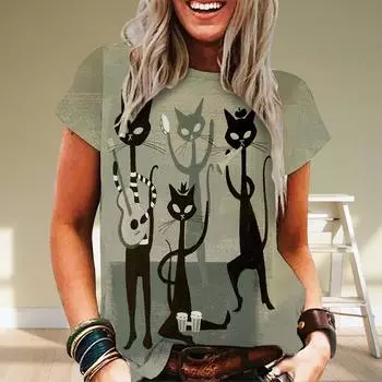 2024 летняя футболка с 3d принтом милого кота, уличная футболка в стиле Харадзюку, женская повседневная уличная одежда с короткими рукавами и круглым вырезом, футболка S