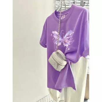 2024 летняя футболка с графическим принтом бабочки для женщин, одежда Harajuku, винтажная футболка большого размера из чистого хлопка, женская роскошная одежда, фиолетовые топы Y2k M