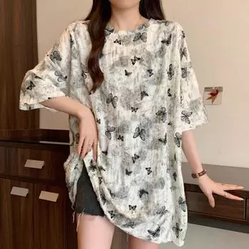 2024 Летняя футболка с принтом бабочки для женщин, одежда Harajuku, винтажная повседневная футболка большого размера, женская роскошная одежда Y2k, белые, серые топы, уличная одежда S белый