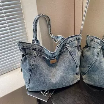 2024 Летняя холщовая сумка женская наплечная сумка большой вместимости для поездок на работу студенческая сумка-тоут универсальная модная сумка темно-синий