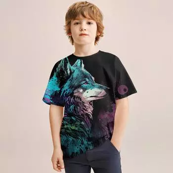 2024 летняя легкая и дышащая футболка с 3D принтом «Голова волка» для детей 4–14 лет, крутая футболка для мальчиков и девочек, топы 100CM