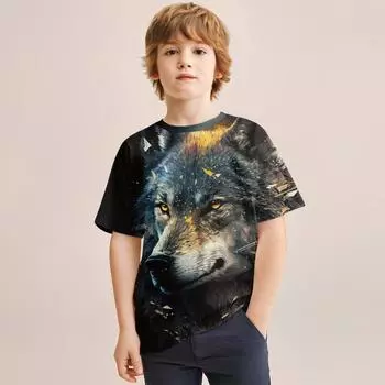 2024 летняя легкая и дышащая футболка с 3D принтом «Голова волка» для детей 4–14 лет, крутая футболка для мальчиков и девочек, топы 100CM