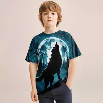 2024 летняя легкая и дышащая футболка с 3D принтом «Голова волка» для детей 4–14 лет, крутая футболка для мальчиков и девочек, топы 100CM
