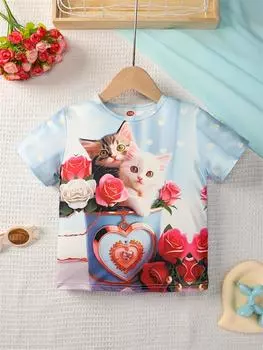 2024 Летняя милая футболка с коротким рукавом и принтом в виде кошки и собаки из мультфильма для девочек-подростков, детская футболка с 3D-принтом для девочек 100