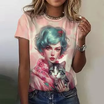 2024 Летняя мода 3D цветной принтованный мультфильм женская футболка уличная удобная свободная круглая горловина короткий рукав топ S