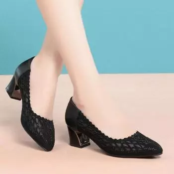 2024 Летняя мода ажурные туфли из натуральной кожи женские туфли на среднем каблуке квадратный каблук сетчатые женские офисные туфли кристалл 35 чёрный