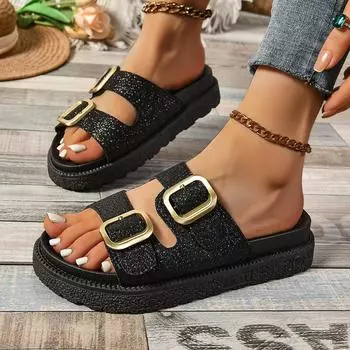 2024 летняя мода матовый глянцевый ремень пряжка на толстой подошве повседневные крутые тапочки пляжная женская обувь 36