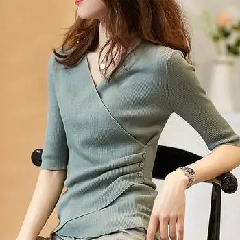 2024 Летняя мода Новый V-образный вырез Вязаный женский свитер Тонкий черный Вязаные свитера Пуловеры Женские топы JJ41 One Size верблюд