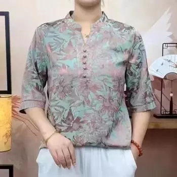 2024 летняя мода темперамент жаккардовая рубашка с V-образным вырезом платье для мам имитация шелка свободная футболка для среднего и пожилого возраста большой размер топ XL синий