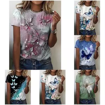 2024 летняя мода топы с короткими рукавами новые футболки с круглым вырезом и принтом 3D-бабочки женские футболки летние топы больших размеров для женщин S