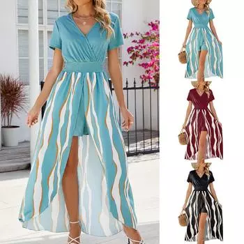 2024 летняя модная элегантная женская одежда с v-образным вырезом и принтом, брюки с короткими рукавами, юбка, костюм, повседневные платья