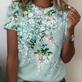 2024 летняя модная круглая женская футболка с 3d принтом и цветочным принтом, повседневные повседневные топы с короткими рукавами, футболки с вырезом для женщин, праздничные S