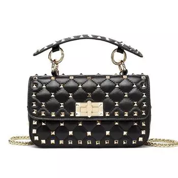 2024 Летняя модная сумка из натуральной кожи с заклепками и цепочкой: Европейский и американский стиль - карманная, наплечная, сумка-мессенджер 23x8x16 cm чёрный