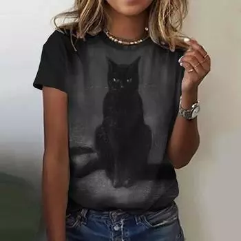 2024 Летняя модная женская футболка с круглым вырезом и принтом в виде черной кошки, удобная свободная футболка с коротким рукавом S