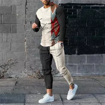 2024 Летняя мужская одежда, комплект из 2 предметов, спортивный костюм для мужчин, футболка с длинным рукавом + спортивные штаны, мужской костюм, толстовка большого размера, одежда для мужчин M