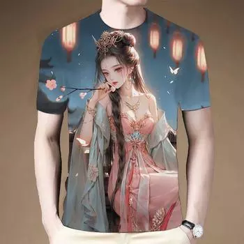 2024 летняя новая 3D-печатная футболка с коротким рукавом и круглым вырезом в античном стиле с нежной красотой для мужчин XS