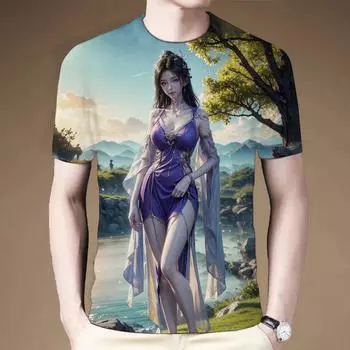 2024 летняя новая 3D-печатная футболка с коротким рукавом и круглым вырезом в античном стиле pure desire for beautiful для мужчин XS