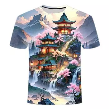 2024 летняя новая 3D-печатная мужская футболка с коротким рукавом и круглым вырезом в стиле античной архитектурной красоты XS