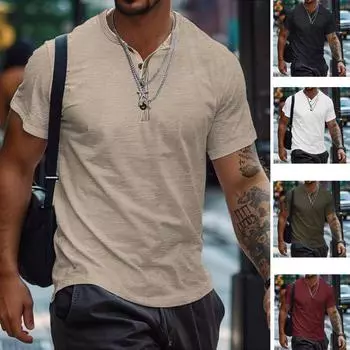 2024 летняя новая футболка больших размеров, мужская спортивная рубашка-поло с воротником-хенли на пуговицах S чёрный