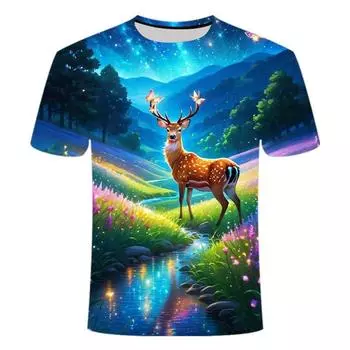 2024 летняя новая футболка с 3D-принтом, индивидуальный рисунок лося, мужская и женская мода, круглый вырез, короткий рукав XS