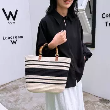 2024 летняя новая модная тканая сумка в полоску, большая вместительная хлопковая сумка на плечо, ручная сумка в стиле ретро, тканая пляжная сумка из травы