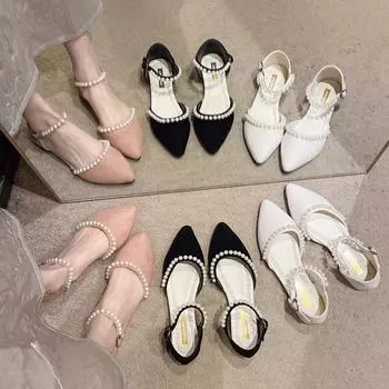 2024 летняя новая модная вечерняя обувь с заостренным носком, жемчужная пряжка с одним символом и плоским дном в стиле феи, женская повседневная обувь 35 чёрный