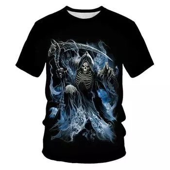 2024 летняя новая мужская футболка с круглым вырезом и 3D цифровым принтом в виде черепа S