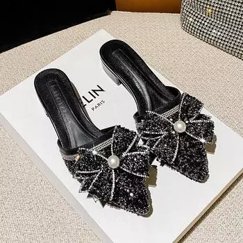 2024 Летняя новая обувь для женщин Красивые тапочки для девочек с бантом и жемчугом Повседневные сандалии для девочек на каблуках Мюли Туфли 35 чёрный