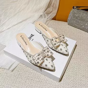 2024 Летняя новая обувь для женщин Красивые тапочки со стразами Уличные повседневные сандалии с острым носком для девочек на каблуках Мюли Туфли 35 бежевый