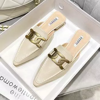 2024 Летняя новая обувь для женщин, модные тапочки, повседневные кожаные сандалии для девочек на каблуках с острым носком, мюли 35 бежевый