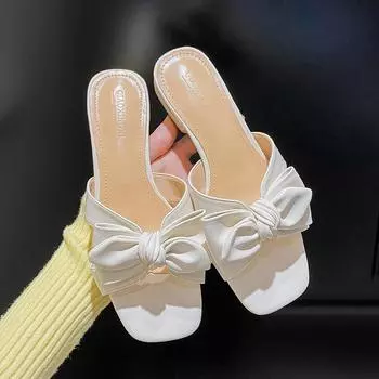 2024 Летняя новая обувь для женщин, современные тапочки для улицы, красивые кожаные туфли с бантом на плоской подошве, мягкие сандалии для девочек 35 слоновая кость