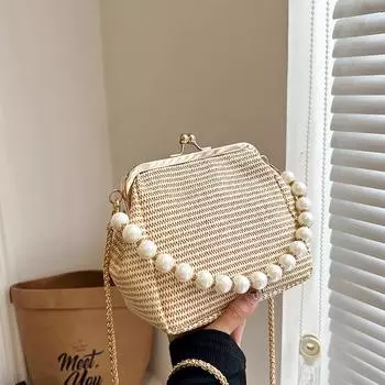 2024 летняя новая соломенная маленькая сумка-ракушка жемчужная цепочка мини-сумка через плечо женская сумка знаменитости из Интернета бежевый
